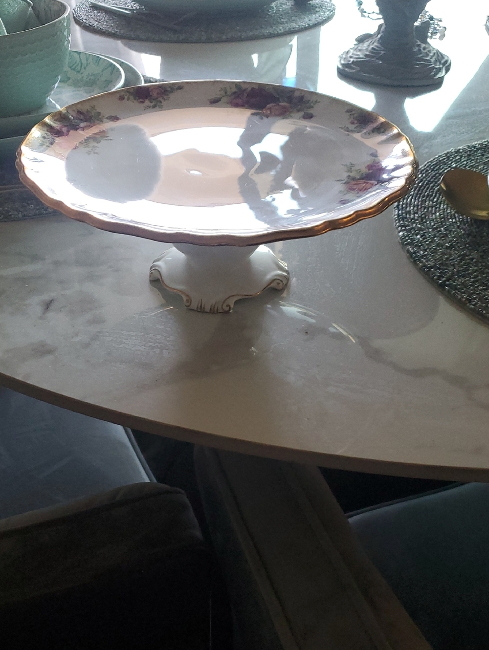 Porcelain Floral Gold-Trim Pedestal Cake Stand - Elegant Home Dining